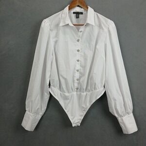 A Love‎ Story Bodysuit Womens XL White Stretch Puff Sleeve Collared Button Up